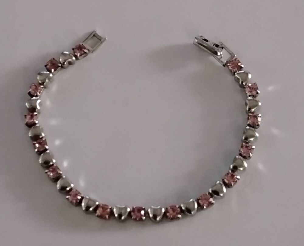 Pretty Vintage Avon Silver Heart & Pink CZ Tennis Bracelet for Girls